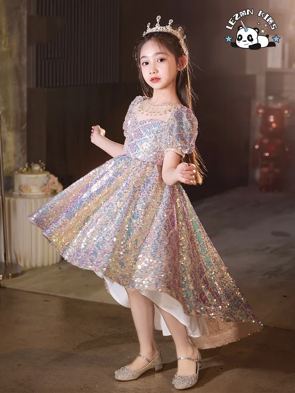 LEZONKIDS - 2024 Most Popular Short Sleeve Puff Irregular Children's Evening Princess Girl Dress